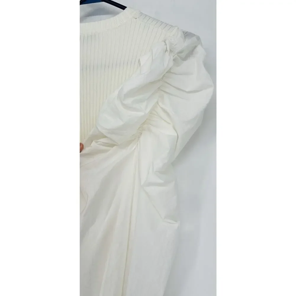 Zara L Ivory Ribbed Knit Dramatic Puff Balloon Sleeve Top Statement Blouse